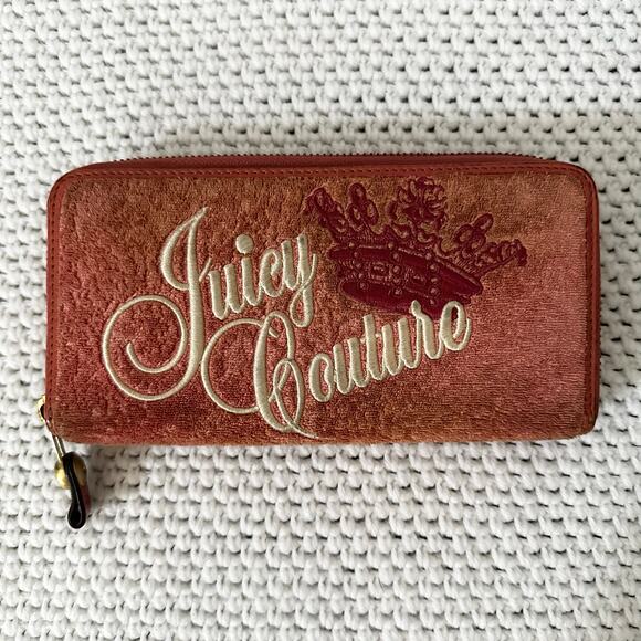 Juicy Couture Pink Velour Princess Embroidered Logo Crown Zip Continental Wallet - Picture 1 of 7